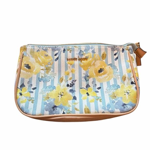 Nanette Lepore blue, white, and yellow floral zippered clutch hand bag wristlet - Picture 2 of 6